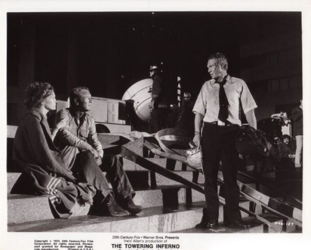 Faye Dunaway as Susan Franklin, Paul Newman as Architect Doug Roberts and Steve McQueen as 
Fire Chief Michael O'Hallorhan.
